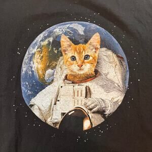Retro Astronaut Cat T-Shirt, Fringed, Black, Size Large Funky Cat-Lover Space